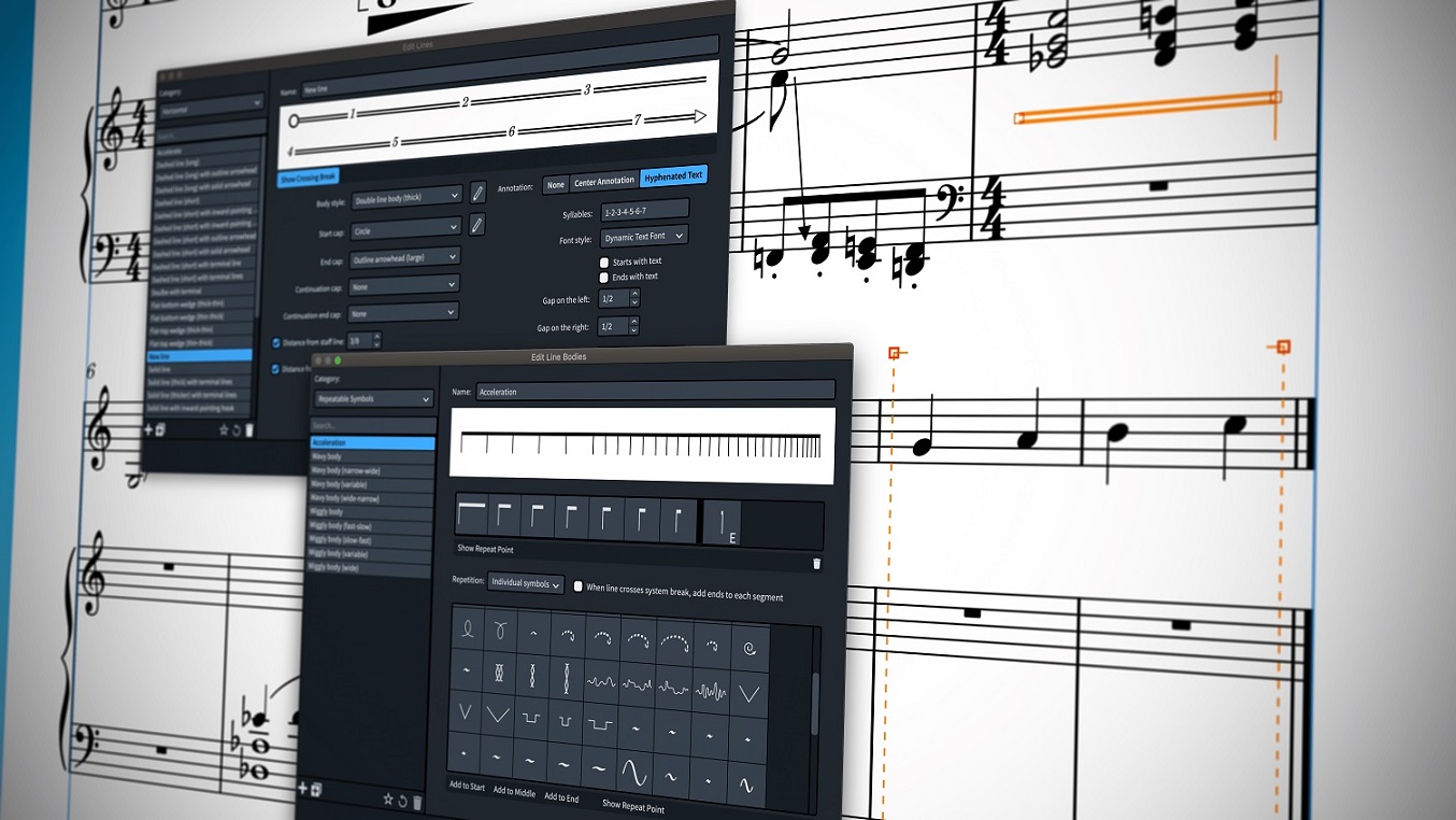 closeup of Dorico notation software line editors