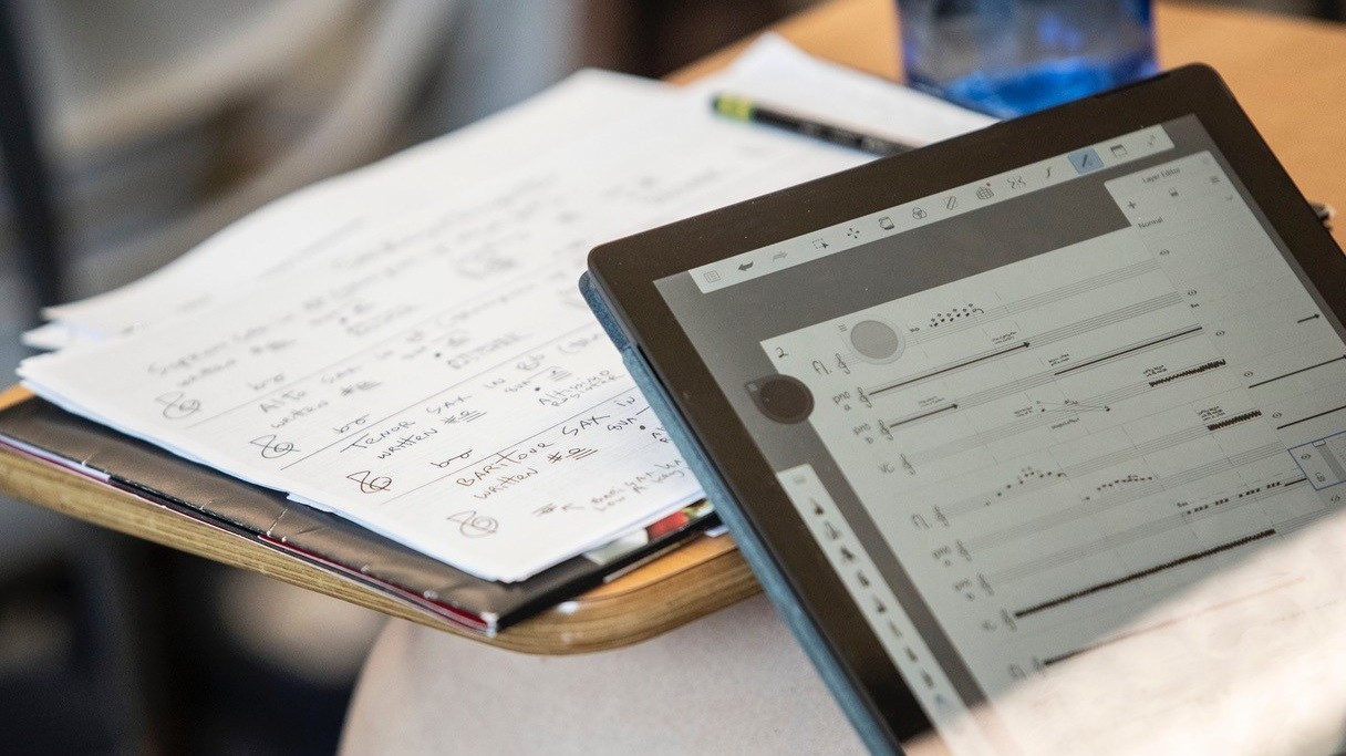 notes on paper and on tablet at Young Women Composers Camp