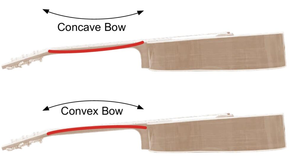 Illustration of guitar showing concave and convex neck bows.