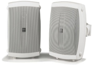A pair of white outdoor speakers.