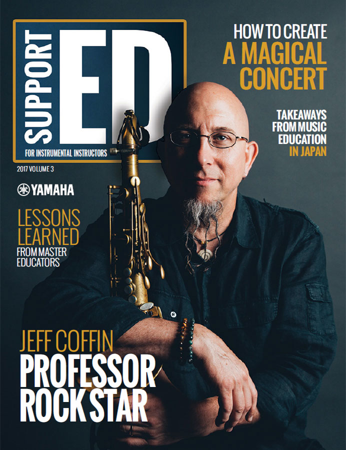 Cover of Support ED magazine with headshot of Jeff Coffin holding his saxophone and headline 