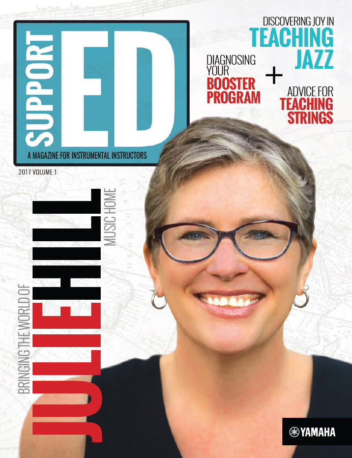 Cover of Support ED magazine with a headshot of band teacher Julie Hill and headlines for other articles.