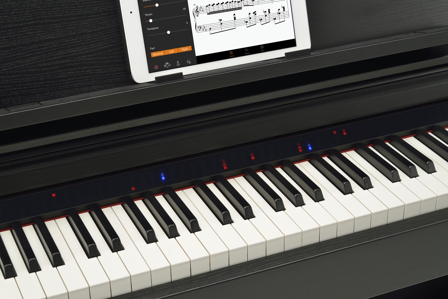 A keyboard with lights above it.