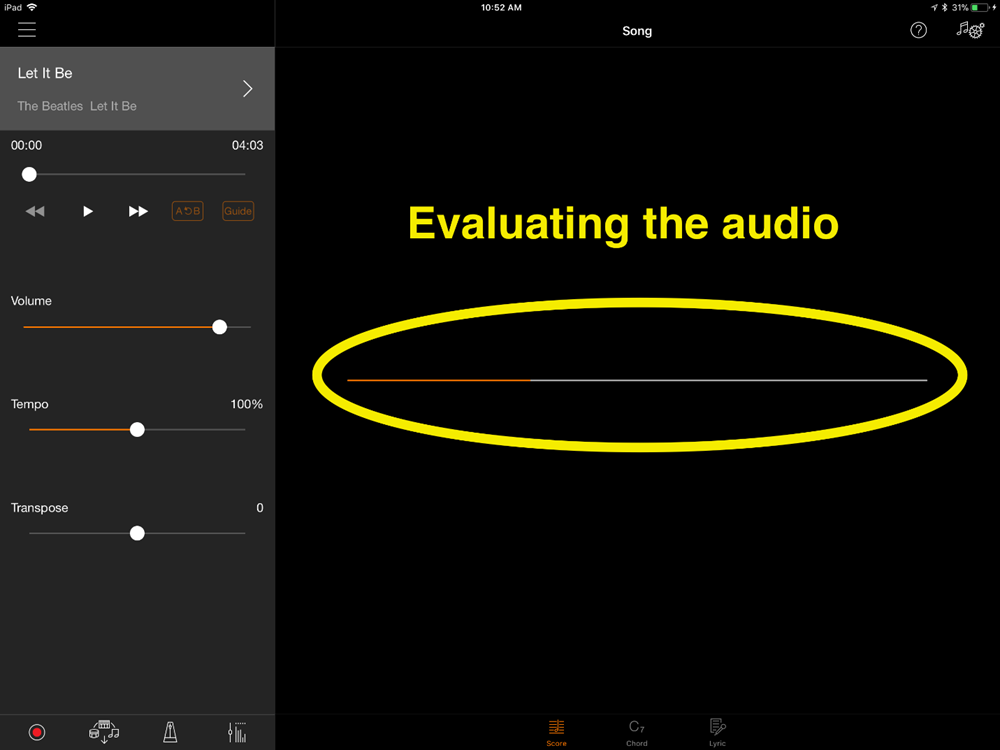 Screen capture from Smart Pianist App demonstrating the app interface as it evaluates the incoming audio for "Let It Be" by The Beatles.