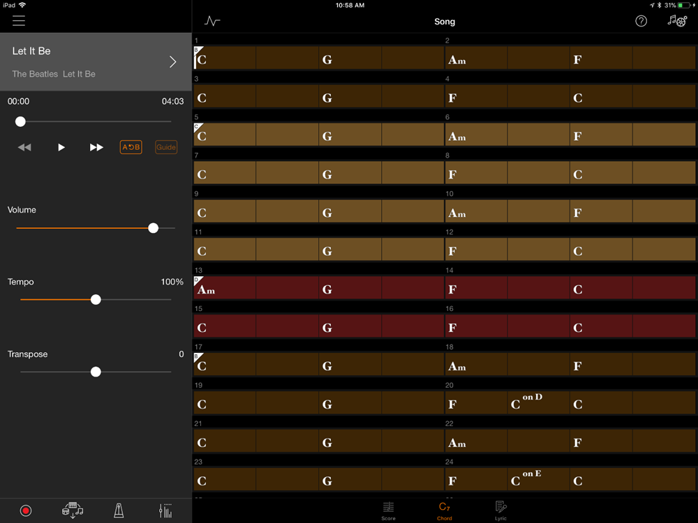 Screenshot of the Smart Pianist app's chord chart for "Let It Be" by The Beatles.
