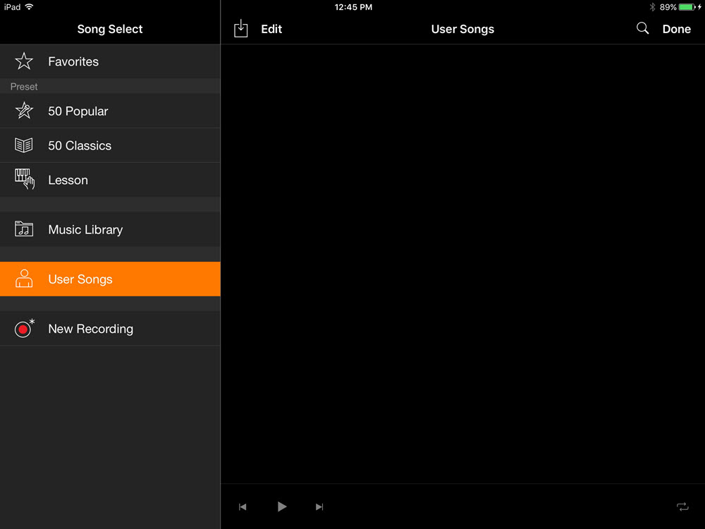 User Songs Screenshot of app showing menu with "user songs" indicated as chosen.