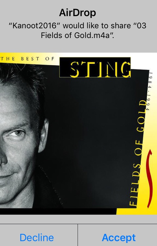 Airdrop Accept Screenshot of Airdrop interface with image of Sting and buttons to accept or decline the download.