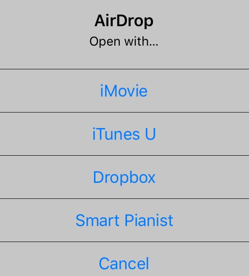 AirDrop Open With Screenshot of Airdrop interface listing the options to use for opening the file, icluding iMovie, iTunes U, Dropbox, Smart Pianist or Cancel.