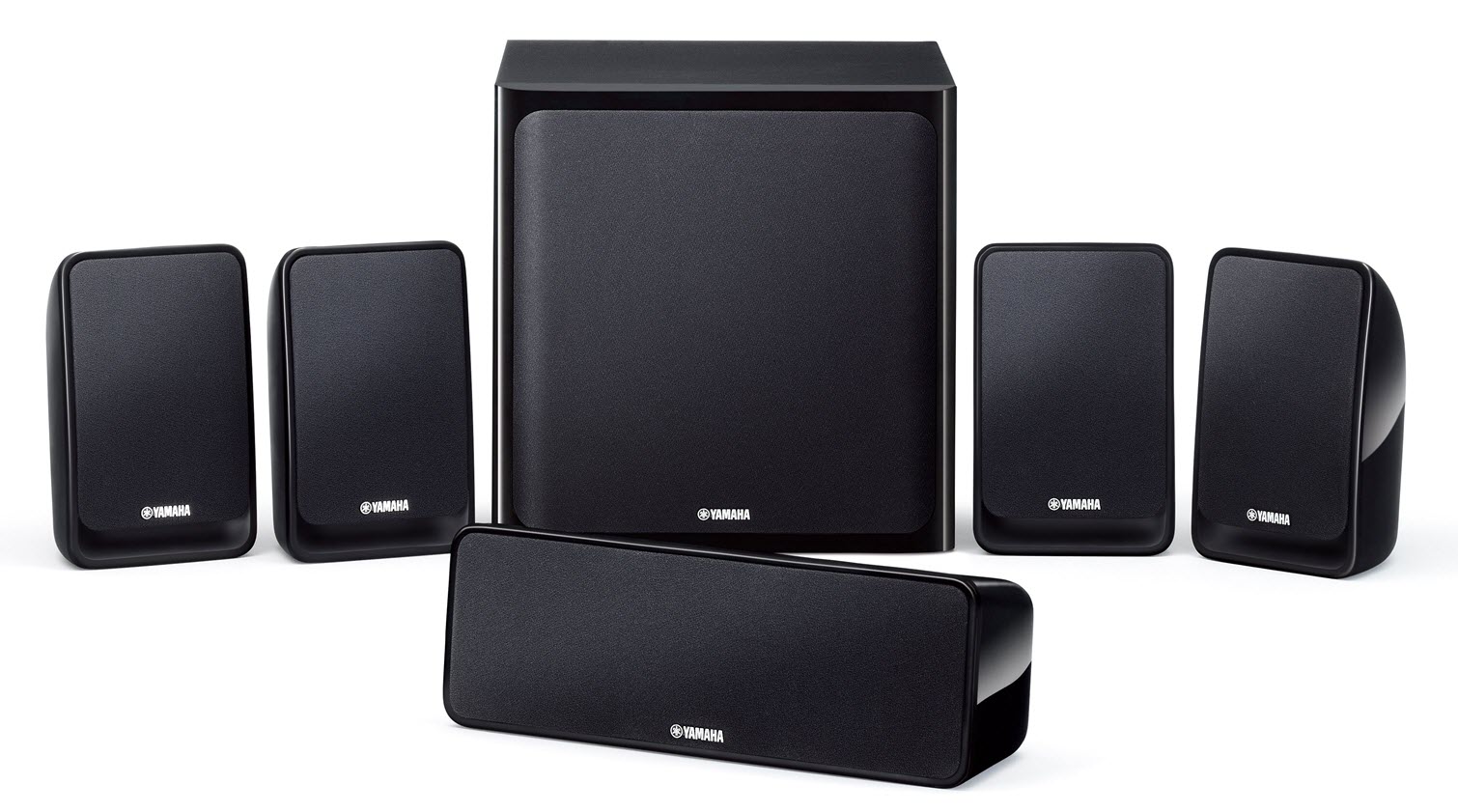 NS-P20 Large square speaker flanked by two pairs of smaller ones with a long thin speaker in front center.