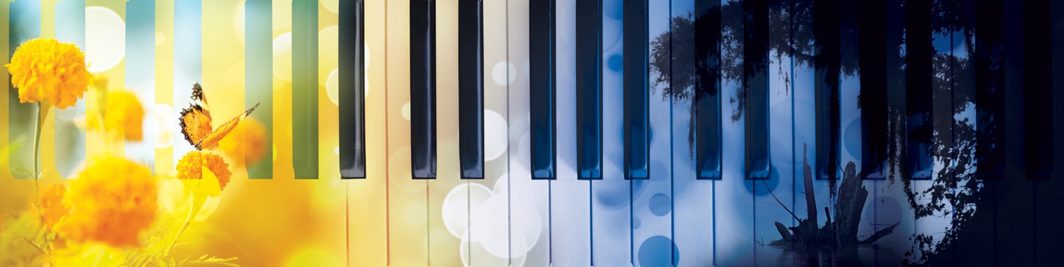 Piano keyboard with floral graphics imposed on top.