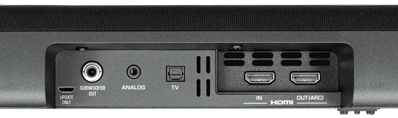 Subwoofer out on a soundbar Back of a sound bar with subwoofer showing the various connection points.