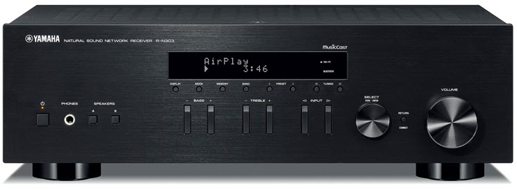 A hi-fi receiver viewed from front panel of controls.