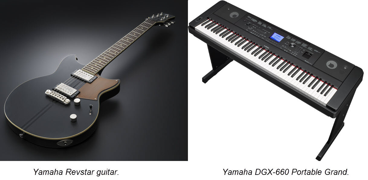 Guitar on flat surface. Keyboard on a stand.
