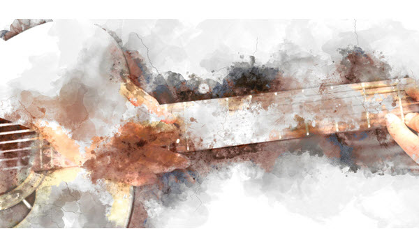 Watercolor rendition of someone playing an acoustic guitar.