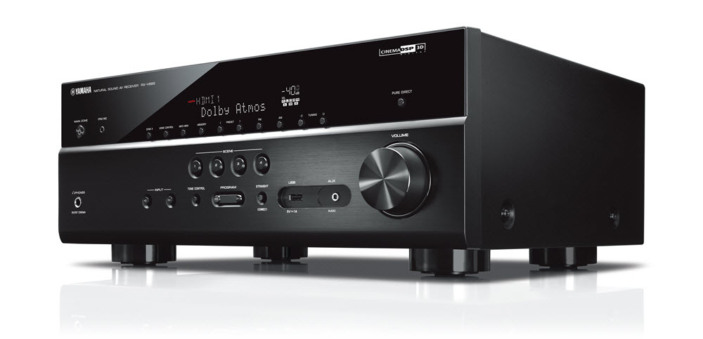 rxv6851kv2 AV receiver angled to show front and left side.