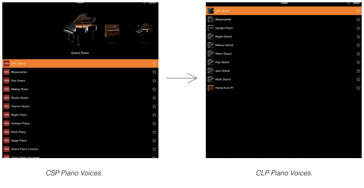 CSPCLPvoices side by side screens of Smart Pianist app.