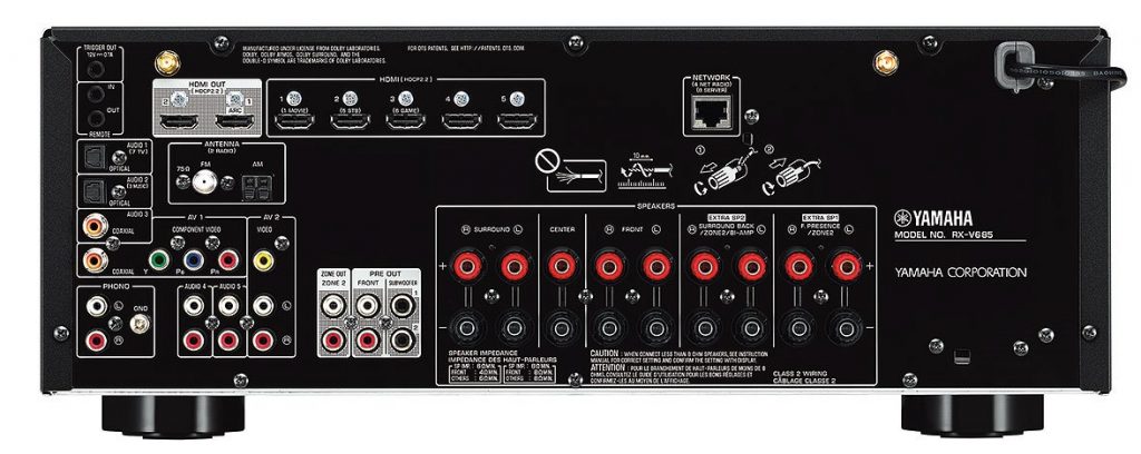 The rear view of a Yamaha receiver. It is a black box with multiple input ports.