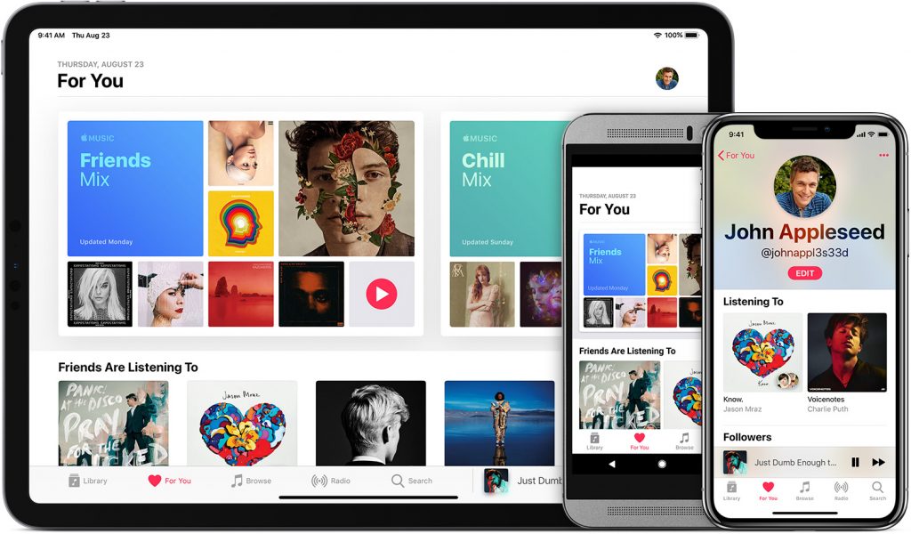 ios12-ipad-pro-11-iphone-x-android-apple-music-for-uou Screenshots from a tablet, an iPhone and an Android phone of Apple Music for you screen.