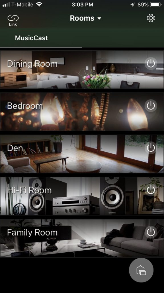 qobuz screenshot 1 Screenshot of the Yamaha MusicCast app screen showing the rooms for options.