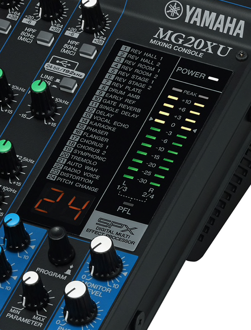 Tools DSP Part 2 Fig 1 MG20XU Effects Section Closeup of control board with knobs and gauges.