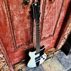 Electric guitar stood up against a door.