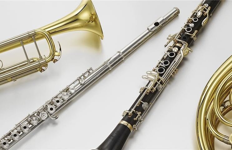 Four instruments laying side-by-side on a table, a gold trumpet, a silver flute, a black wood clarinet and a brass French horn.