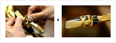 reed ligature body image 2 Side-by-side closeup pictures of a ligature being attached to a reed and then the final outcome.