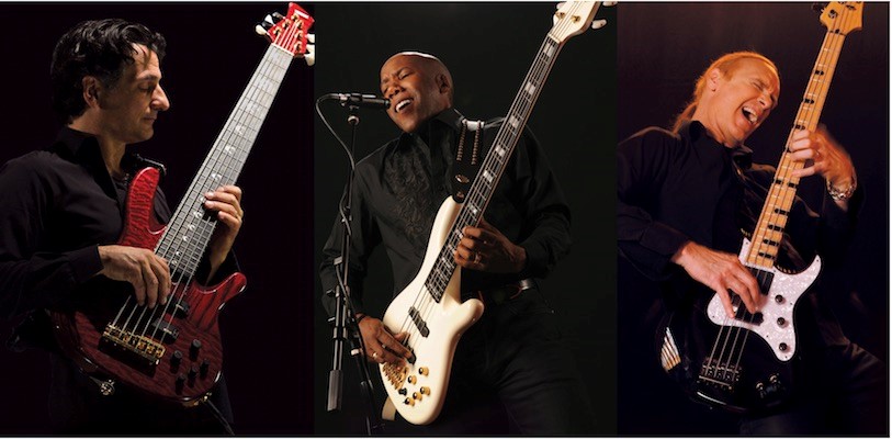 pattitucci east and sheehan Three men playing their bass guitars.