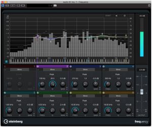 Closeup of front panel of a Steinberg Frequency unit with the screen showing frequencies based on specific keys on a virtual keyboard.