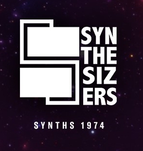 A stylized graphic with the word "Synthesizers" included. Below graphic are the text "Synths 1974".