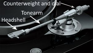 ultra-hifi-1-parts-of-a-tonearm Closeup of a turntable tonearm with arrows and text to indicate specific elements.