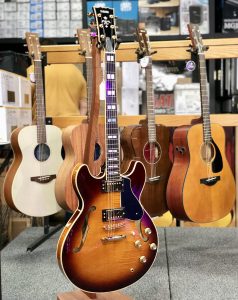 Mix of acoustic and electric guitars in stands.