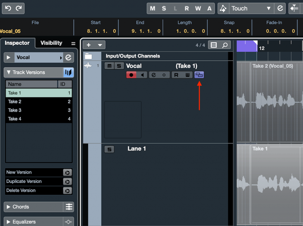 Fig. 3 Screenshot of Steinberg Cubase software with red arrow pointing to "Show Lanes" button.