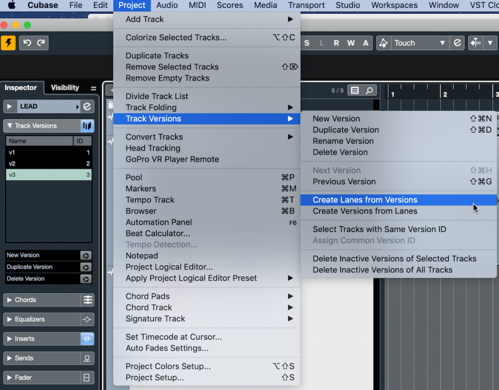 Fig. 4 Screenshot of Steinberg Cubase software showing how to create "Lanes" from "Track Versions".