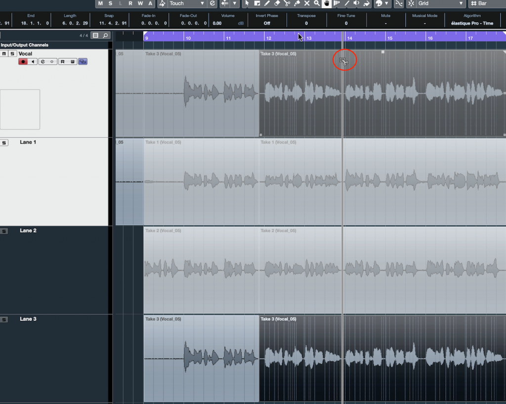 Fig. 5 Screenshot of Steinberg Cubase software showing the "Split Tool".