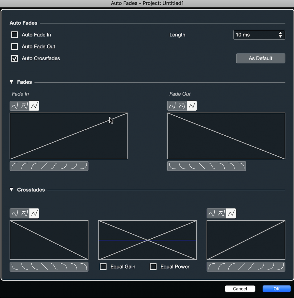 Fig. 6 Color coding Screenshot of the Steinberg Cubase "Auto Fades" dialog box.