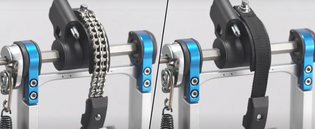 Drum pedal comparison with one pedal having a chain drive and the other pedal having a belt drive.