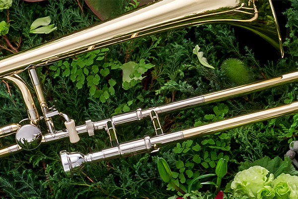 Trombone laying on grass.