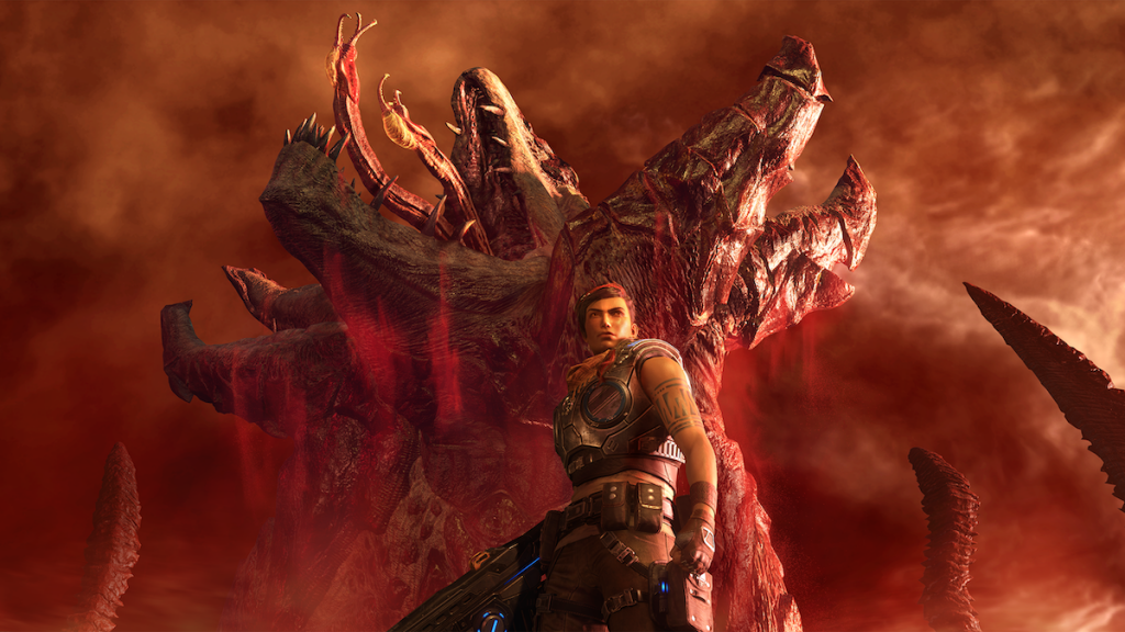 Battle scene from Gears 5 with large tentacled creature .