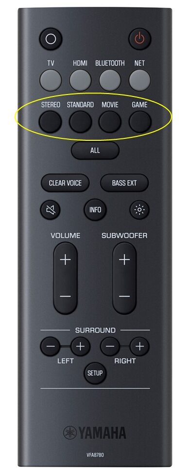 TRUEX_remote with mode buttons circled A remote for a Yamaha sound bar.