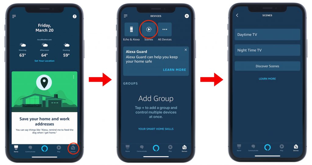 Explore the New Features of the MusicCast App crop 2 Screenshots showing how you can combine scene with other scenes or events into a routine.