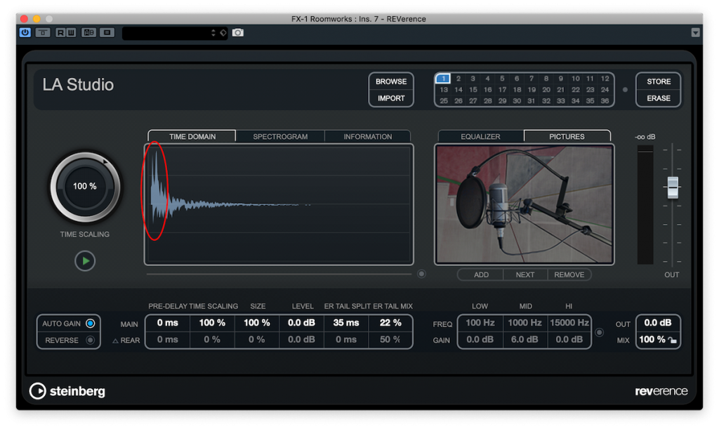 Screenshot of REVerence plug-in showing early reflections in a reverb waveform.