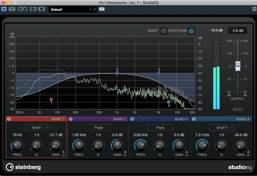 Screenshot of StudioEQ showing EQ plug-in inserted after a reverb.