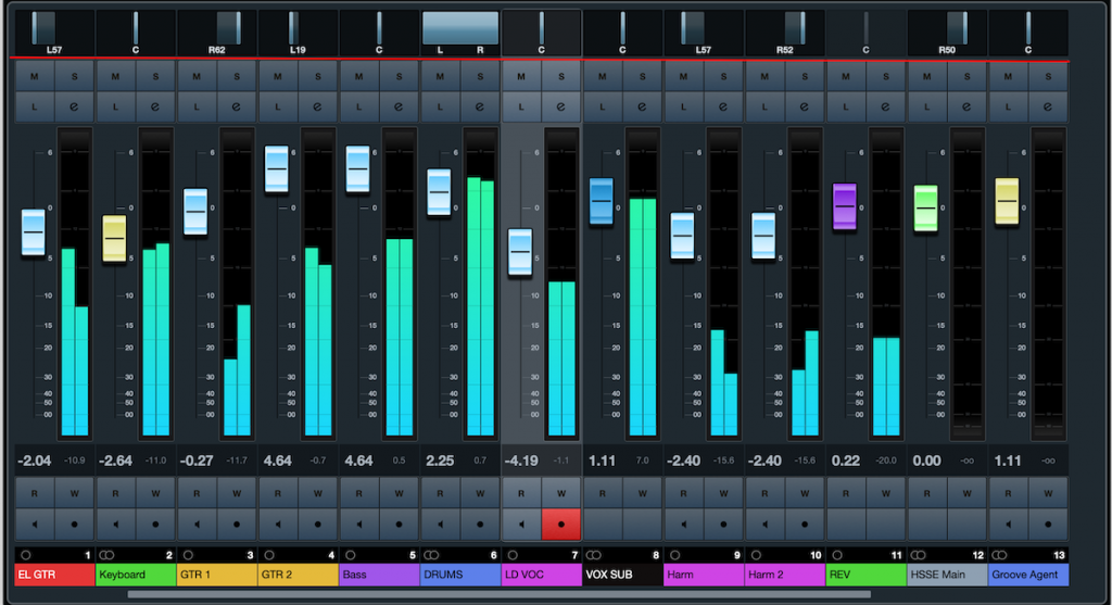 Illustration showing a typical software mixing console a recording engineer might use, with pan settings at the top for each instrument or vocal part.