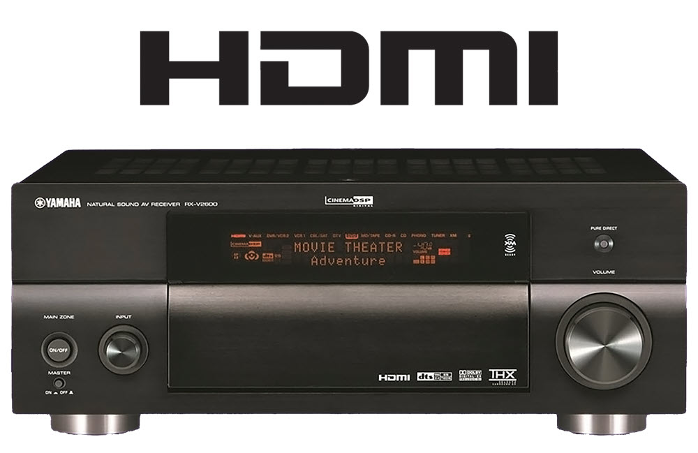 05-2600-HDMID-front-updated HDMI logo with the view of the front of an AV receiver.