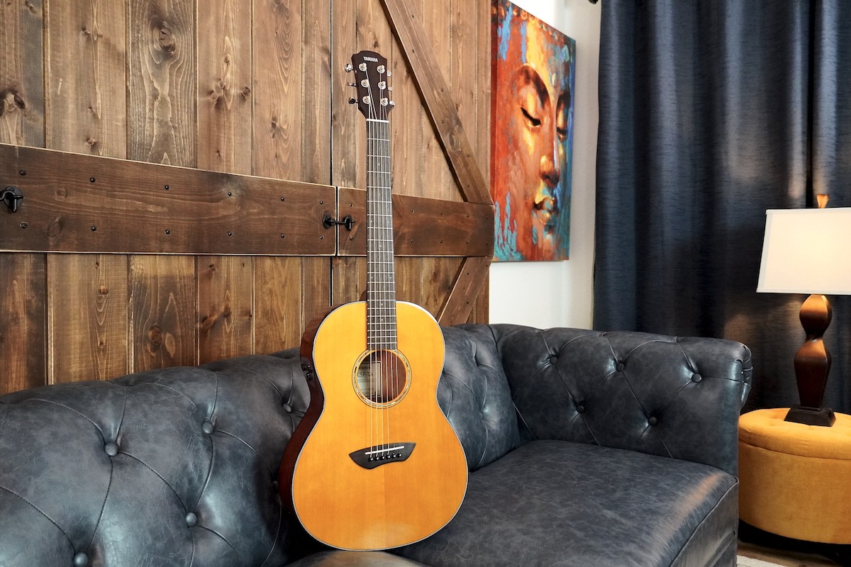 DSC00173 TransAcoustic guitar resting on dark leather couch.