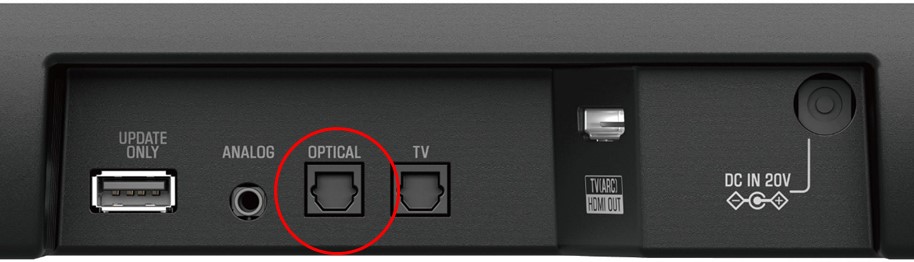 SR-C20A-optical-input Illustration showing location of optical input port on the Yamaha SR-C20A.