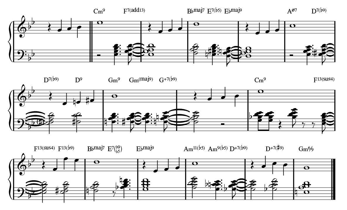 Fig.-12_WRK-13_Autumn-Leaves_rootless-LH Autumn Leaves played with left-handed rootless melody plus bass walk.