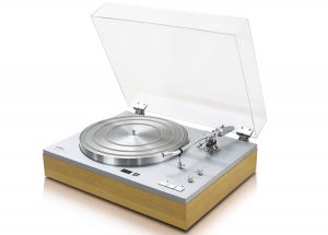 Turntable with clear hinged lid open