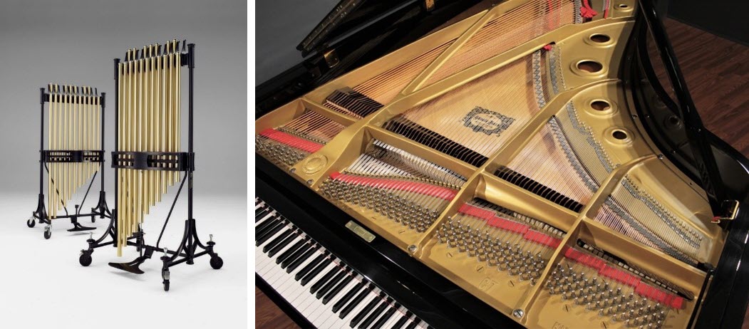 concert-percussion-1-1. Two pictures of instruments. On left, a photo of two sets of tubular bells and on the right, the view of the strings of a grand piano as viewed from above.